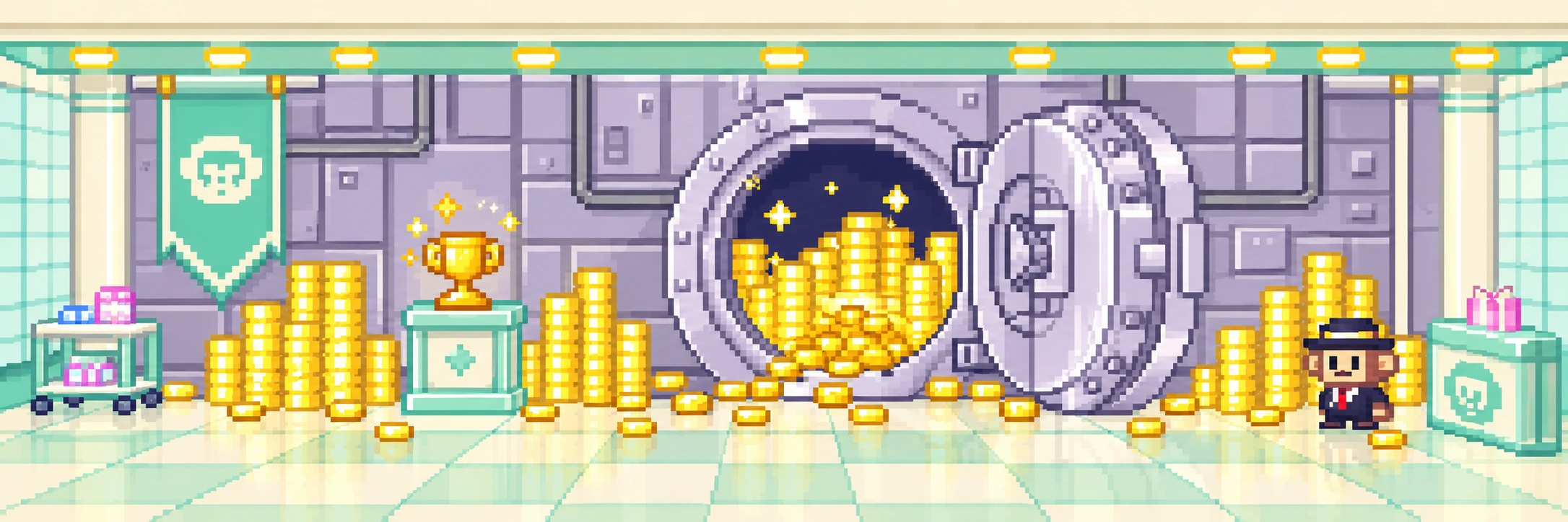 Pixel-art reward vault concept with silver walls, gold treasures and mint tiles